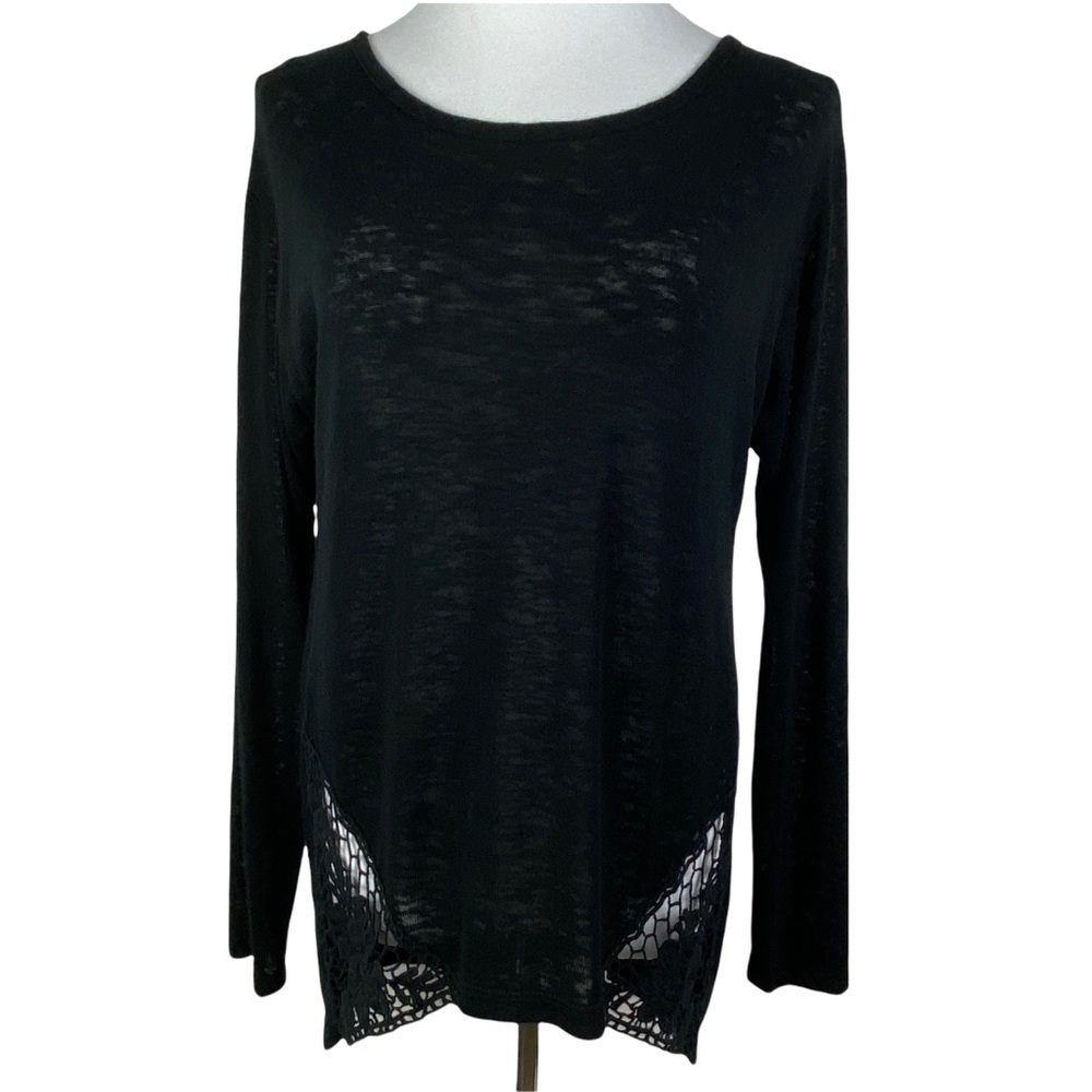 Bobeau Hi-Low Crochet Sweater Women's M‎ Black Floral Front Hemline Semi-Sheer
